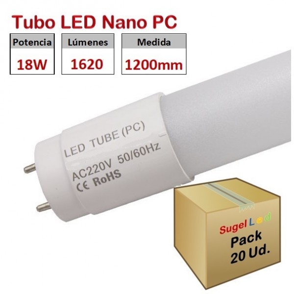 Tubo LED T8 1200mm Nano PC Eco 18W, conexión 1 lado, Caja de 20 ud x 5,00€/ud.