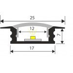 Perfil Aluminio Empotrar 25x7mm. para tiras LED, barra 1 Metro -completo-