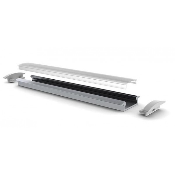 Perfil Aluminio Empotrar BASIC Plata 23x8mm. para tiras LED, barra 2 Metros -completo-