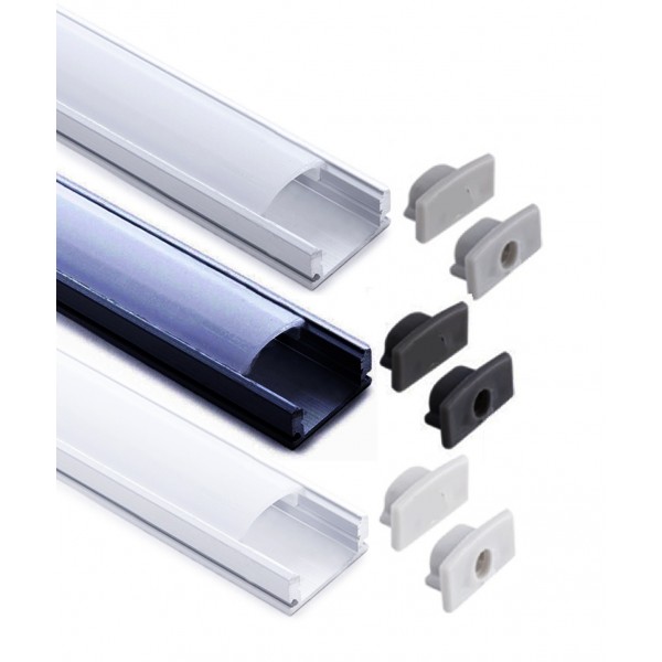 Perfil Aluminio Superficie ECO4 17x7mm. para tiras LED, barra de 2 Metros -completo- Plata, Blanco ó Negro (desde 2,55€/m)