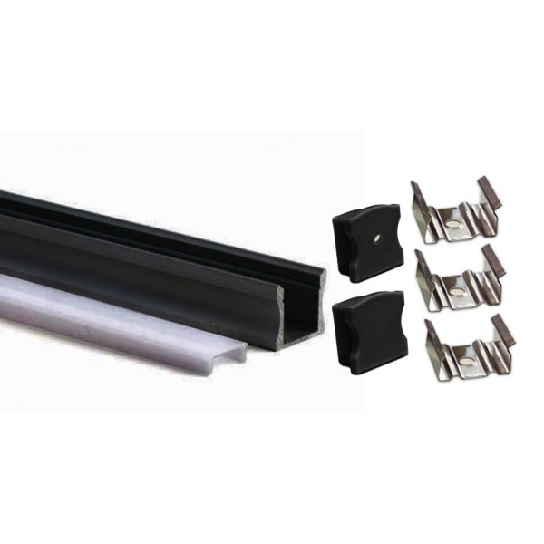Perfil Aluminio Superficie ECO Negro 17x14,5mm. para tiras LED, barra de 2 Metros - completo- (a 7,50€/mt)