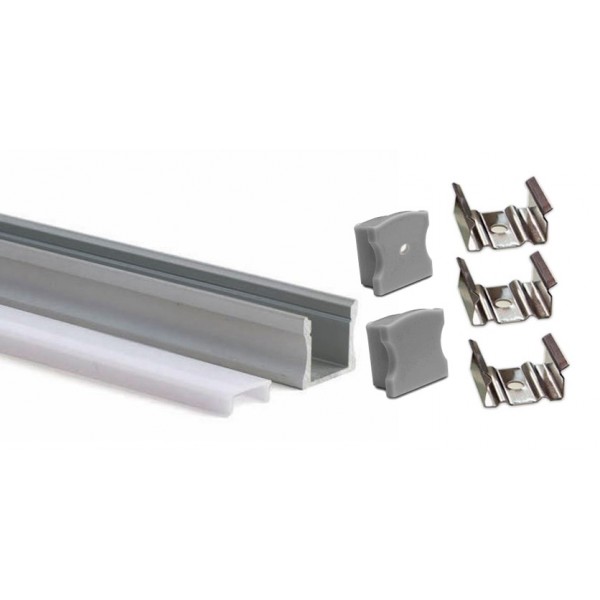 Perfil Aluminio Superficie ECO Plata 17x14,5mm. para tiras LED, barra de 2 Metros - completo- (a 7,50€/mt)