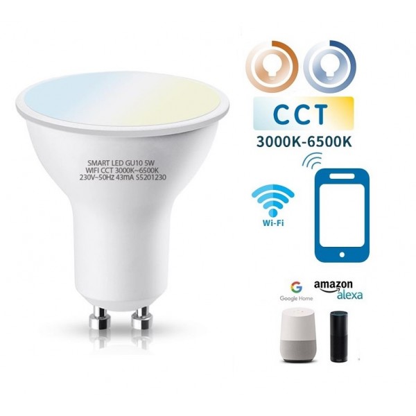 Lámpara LED GU10 SMD 5W SMART CCT Wifi, para Smartphone y control voz