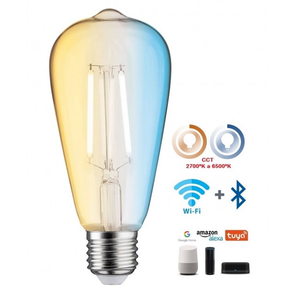 Lámpara LED Edison ST64 Gold E27 Filamento 6W 806lm CCT Wifi+Bluetooth, para Smartphone y control voz