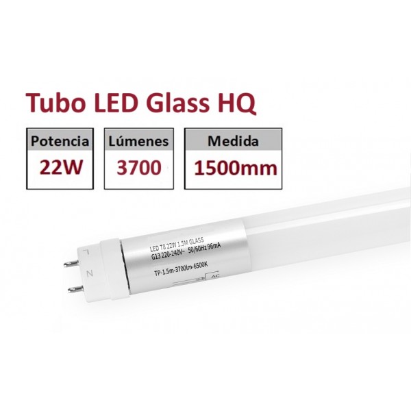 Tubo LED T8 1500mm Cristal 22W 3700Lm Blanco Frío, conexión 1 lado, Caja de 25 ud x 11,40€/ud