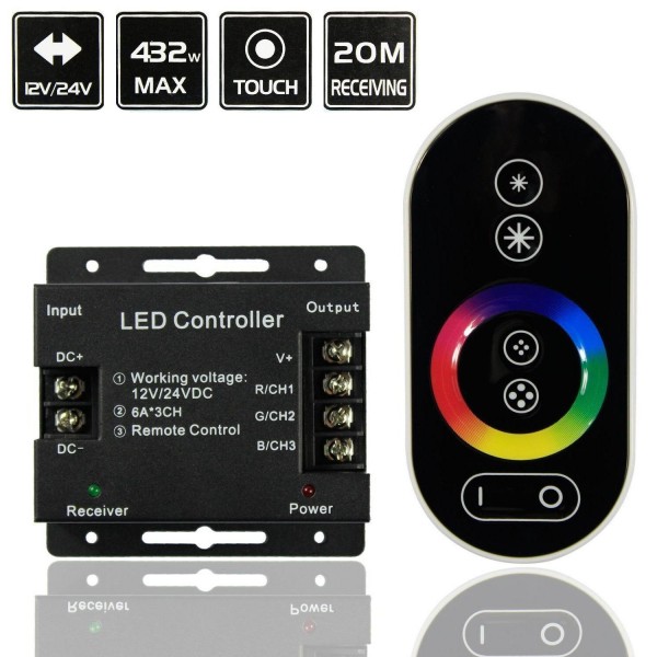 Controlador para tira LED RGB 432W 12V/24V con mando Touch Negro