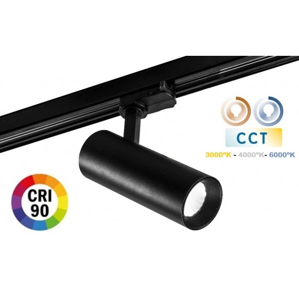 Foco Carril Trifásico LED COB MD16 30W Negro, CCT Seleccionable CRI90