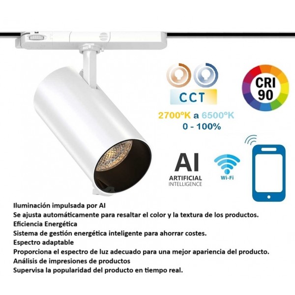 Foco Carril RETAIL Trifásico LED COB 30W Blanco CRI90 SMART CCT Wifi, para Smartphone y control AI