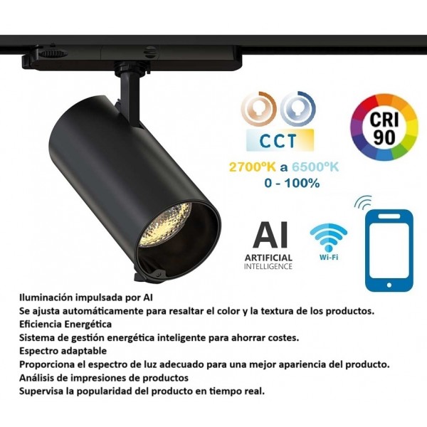 Foco Carril RETAIL Trifásico LED COB 30W Negro CRI90 SMART CCT Wifi, para Smartphone y control AI